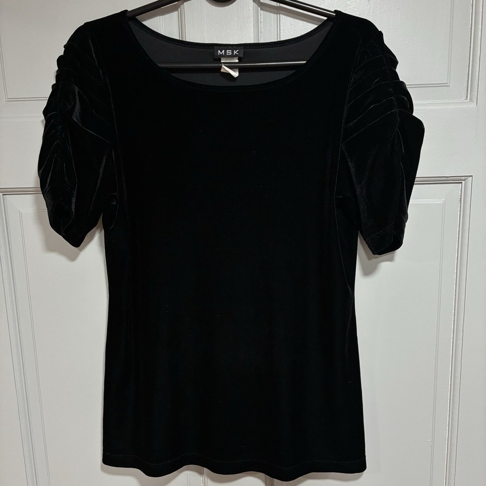 MSK Women Velvet Top Ruched Short‎ Sleeves Crewneck Black Office Casual Comfy